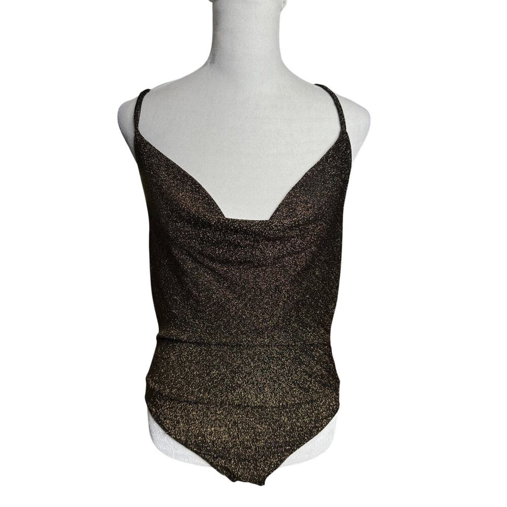 Forever 21 Contemporary Black Bronze Metallic Bodysuit L NWT